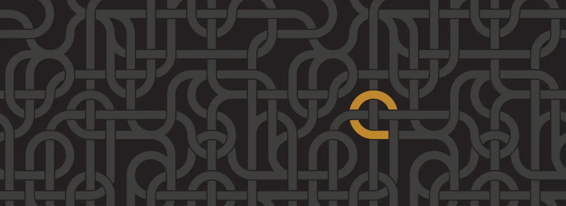 Overlapping and interlocked network of featureless grey pipes on a black background; a section of pipe stands out, golden yellow, in the shape of a 'C'.