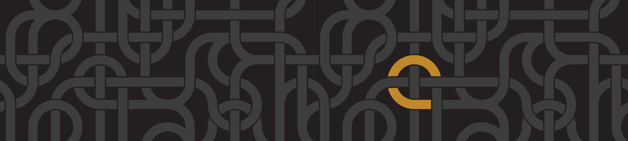 Overlapping and interlocked network of featureless grey pipes on a black background; a section of pipe stands out, golden yellow, in the shape of a 'C'.